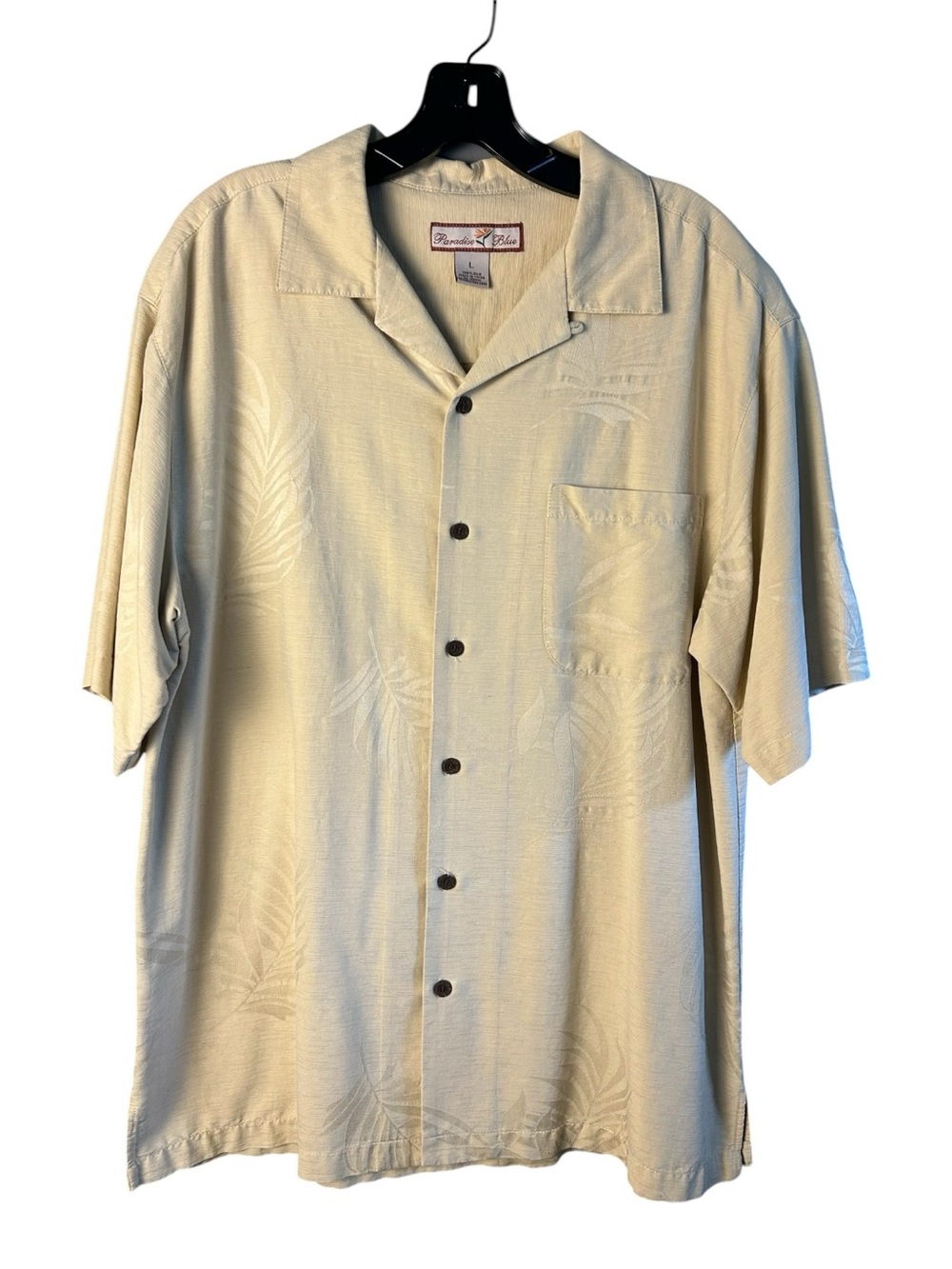 Paradise Blue Tan Silk Men's Short-Sleeve Button-Down Shirt Size Large